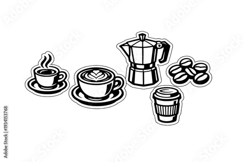 This set of white vector icons features various coffee elements like a moka pot, roasted beans, a takeaway cup, and cups of espresso with latte art on a black backdrop.
