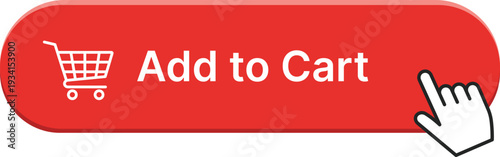 Red button with white shopping cart and text add to cart and cursor shopping cart add to cart text
