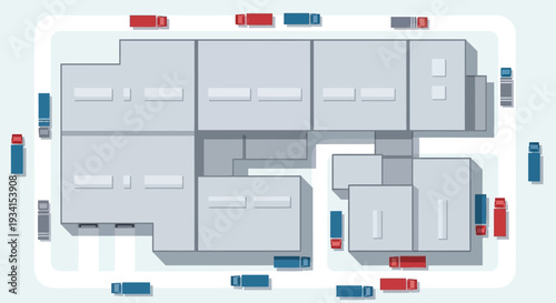 An aerial view of a large office building with many cars parked around it