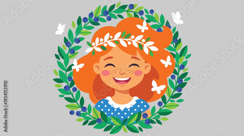 Joyful cartoon girl with orange hair laughing in nature wreath with butterflies