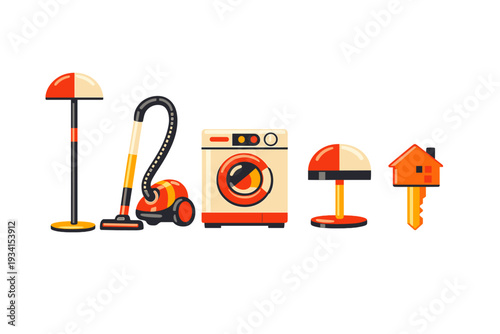 A flat vector illustration featuring various household items including a floor lamp, vacuum cleaner, washing machine, table lamp, and a house key against a solid black background.