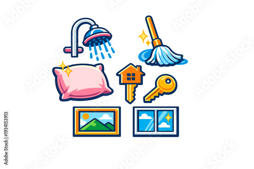 A collection of colorful cartoon icons representing home maintenance and cleaning, including a shower head, a mop, a pink pillow, house keys, a framed picture, and a window.