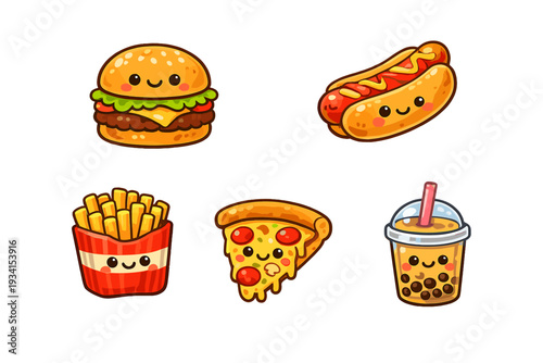 Five adorable cartoon fast food items featuring a burger, hot dog, fries, pizza, and boba tea with happy faces, isolated on a solid black background for design.