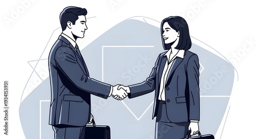 Business Partnership Handshake – Man and Woman with Briefcases, Corporate Deal Agreement Vector Illustration