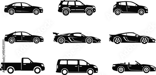 Black Car Silhouette Vector Icon Set Featuring Sedan SUV Hatchback Sports Car Pickup Truck Van And Convertible For Automotive Industry Graphics