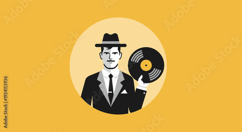 A stylish man in a suit and hat holding a vinyl record
