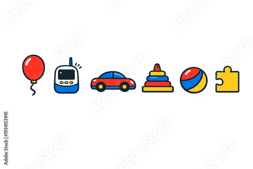 A collection of colorful children's toy icons including a red balloon, a blue walkie-talkie, a red car, a stacking ring tower, a striped ball, and a yellow puzzle piece on a black background.