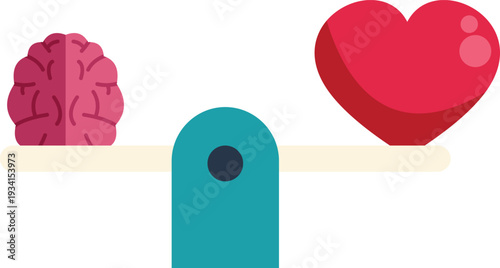 Brain and heart balancing on a scale, representing logic and emotion in decision making