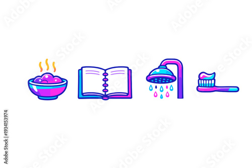 A set of four neon icons on a black background depicting daily activities including eating a hot meal, reading a book, taking a shower, and brushing teeth with toothpaste.