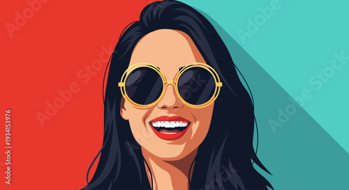 A vibrant and colorful illustration of a smiling woman wearing sunglasses