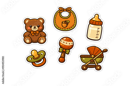 A collection of six illustrated baby stickers featuring a teddy bear, bib, feeding bottle, pacifier, rattle, and stroller in warm autumn colors set against a solid black background.