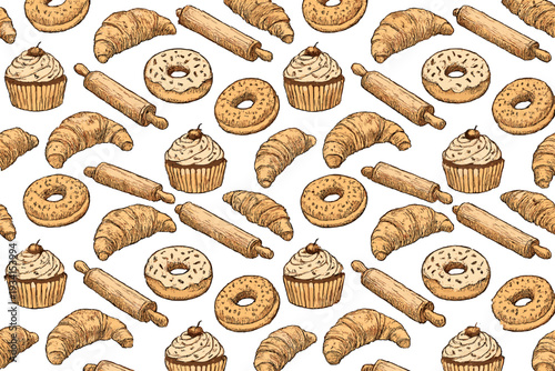 This seamless pattern displays hand-drawn illustrations of various baked goods like croissants, donuts, and cupcakes alongside rolling pins on a solid black background.