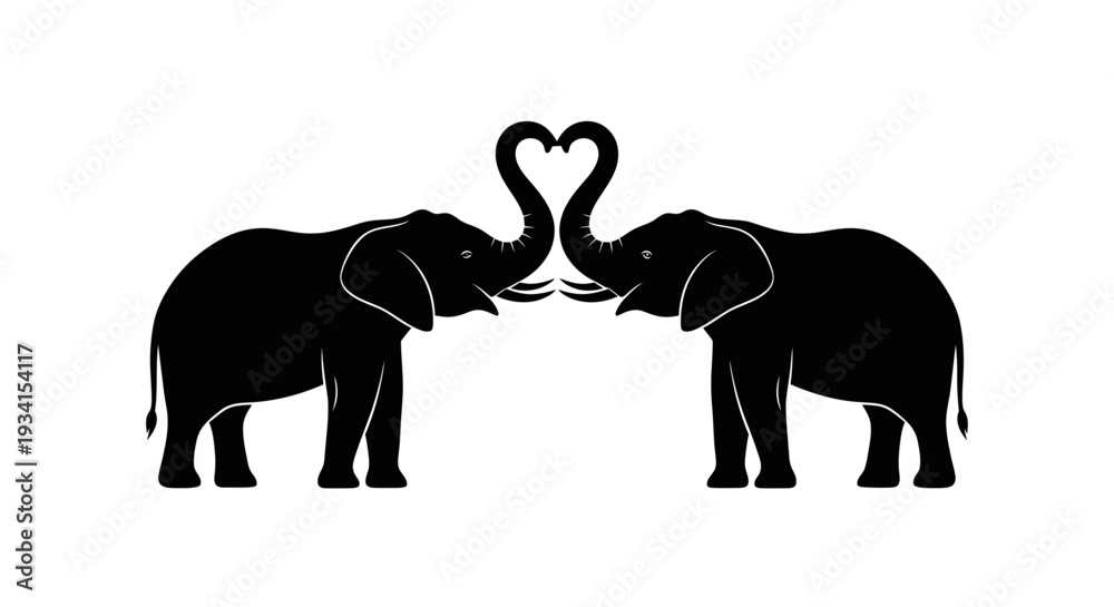 Obraz premium Two black elephants forming a heart shape with their trunks in love