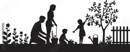 Family gardening together in a backyard silhouettes