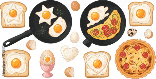 Breakfast Food Collection with Fried Eggs Toast Omelette Pizza Pie and Egg in Cup Isolated Flat Vector Illustration Set
