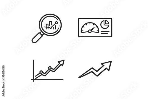 This collection features four white minimalist icons on a black background depicting business analytics, financial growth, data visualization, and performance tracking tools.