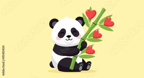 A cute panda holding heart-shaped flowers on a yellow background