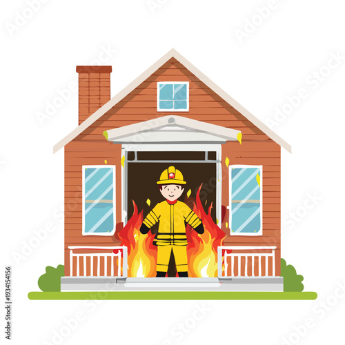 Firefighter in burning house cartoon style vector illustration