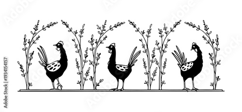 Vector card with hand drawn set of funny chickens in graceful blooming arches. Beautiful ink drawing, heavy contour, graphic style. Perfect elements for food or chicken farms design.