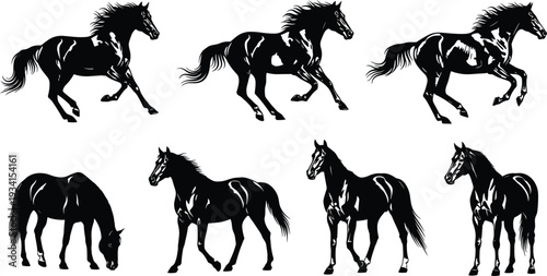 Seven Black Silhouettes of Horses in Different Poses and Gaits animal wildlife