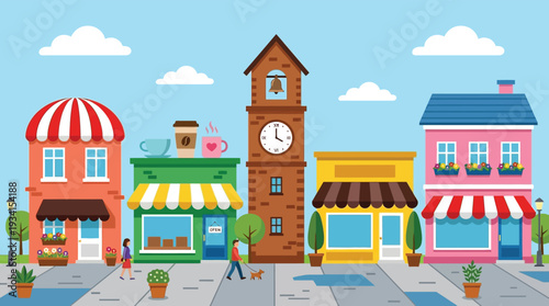 Colorful town street with shops people and a clock tower under a blue sky