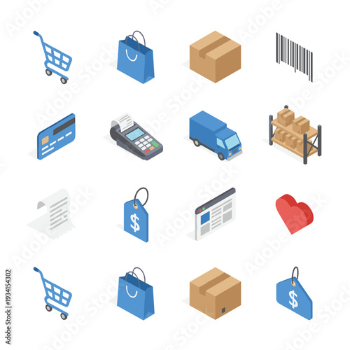 Isometric e-commerce icons representing online shopping, delivery, and payment processes