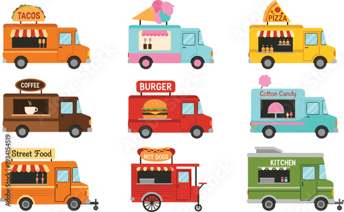 Colorful street food truck vector set with taco burger pizza coffee and dessert vans