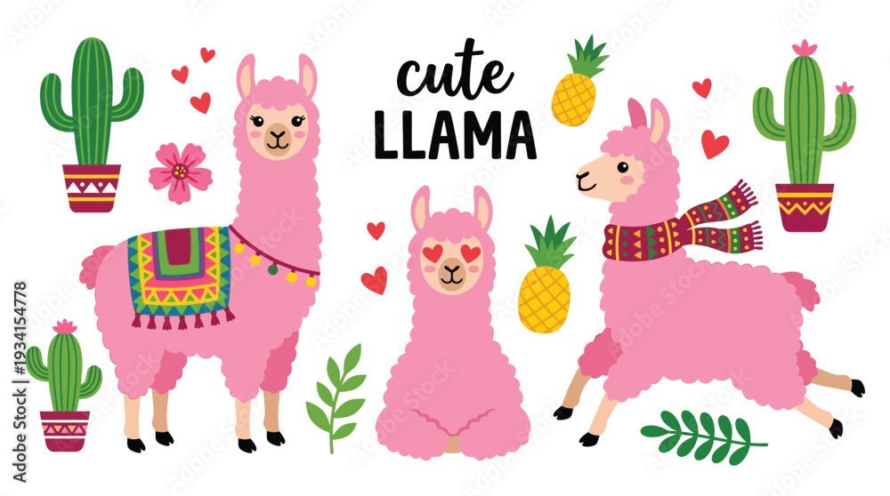 Obraz premium Adorable Pink Llamas with Cacti Pineapples and Hearts Flat Vector Illustration