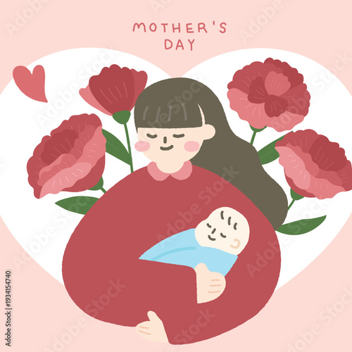 Mother's day template with mother holding the baby in her arms and carnation illustration.