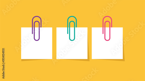 Three white paper notes attached with colorful paper clips on yellow background purple