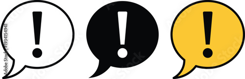 Three speech bubbles with exclamation marks in white black and yellow alert warning notification