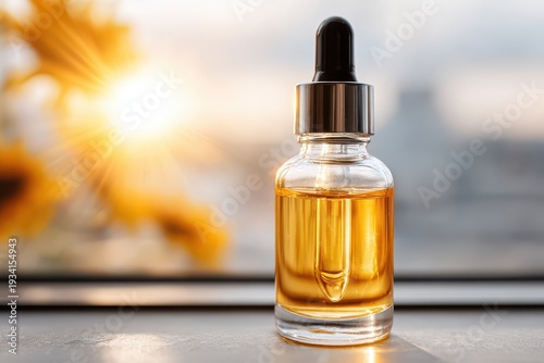 Close-up shot of a bottle filled with yellow liquid with a dropper, bathed in sunlight, creating a warm, inviting atmosphere, ideal for beauty and wellness products.