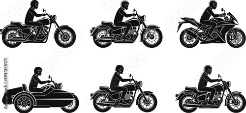 Motorcycle rider silhouette collection featuring cruiser sportbike chopper touring and sidecar bikes vector illustration isolated on white