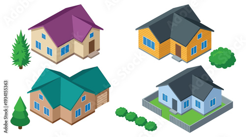 Colorful Isometric House Buildings Collection with Trees Bushes Isolated on White