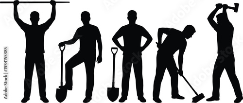 Construction worker man silhouette set with tools shovel ax and broom for manual labor work concept