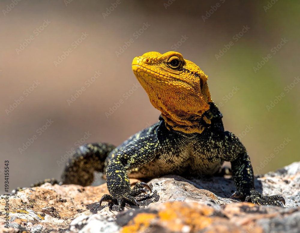 Obraz premium Vivid reptile with yellow head, atop textured stone, looking upward