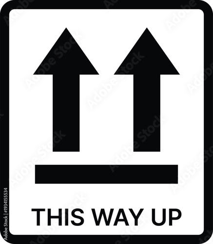 Black and white this way up shipping symbol with arrows and text direction