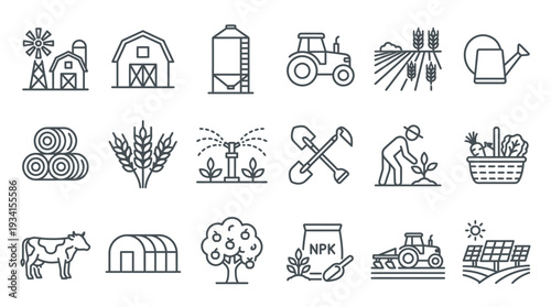 Collection of Farming and Agriculture Line Icons Farm Elements Rural Life Outline Vector