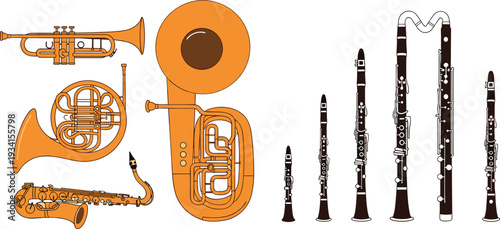 Orchestral Wind Instrument Collection with Trumpet, French Horn, Tuba, Saxophone, Clarinet, and Bassoon Vector Illustration Set for Classical Music Designs