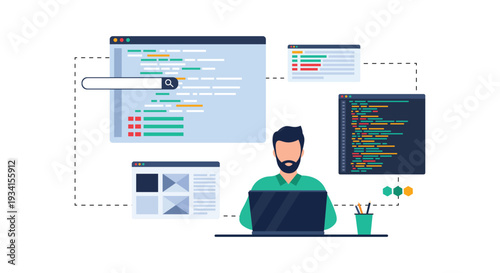 Web Developer Working on Coding Project – Software Development and Programming Interface Concept Vector Illustration