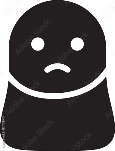 A simple black and white illustration of a frowning ghost character.