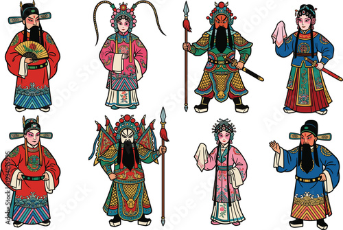 Traditional Chinese opera character set flat vector illustration with colorful costumes for theatre and culture design
