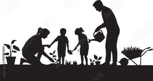 Family planting garden with wheelbarrow and watering can