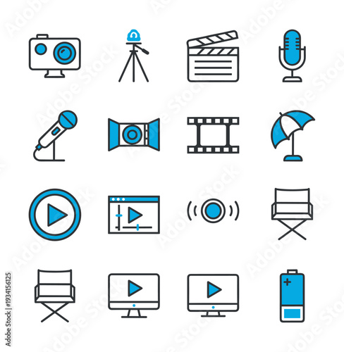 Collection of modern flat icons representing filmmaking and video production equipment