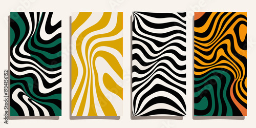 Four abstract panels with swirling wavy patterns in contrasting colors