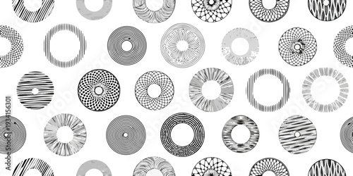 Abstract arrangement of concentric circles with varied line patterns