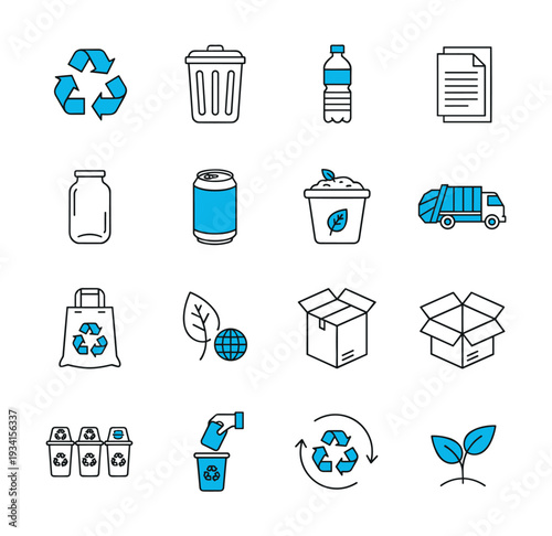 Collection of recycling and eco-friendly icons for waste management and sustainability concepts