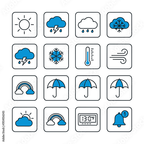 Collection of weather icons representing different meteorological phenomena and conditions
