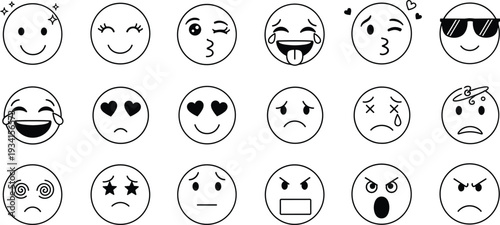A collection of emoticon icon faces expressing various emotions in a simple illustration style.