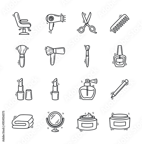 Collection of hand-drawn beauty and salon icons for design and decoration